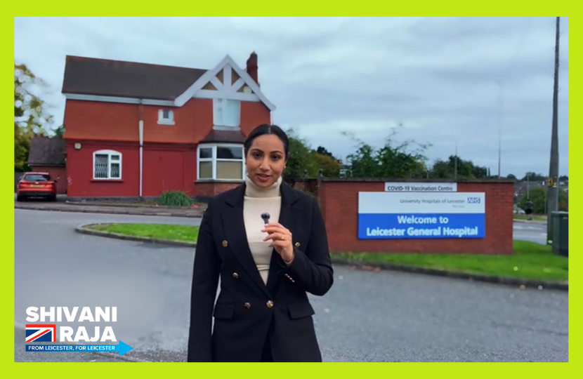 Shivani Raja MP outside of Leicester General Hospital