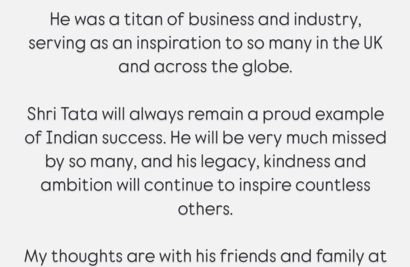 Shivani Raja MP's statement on the passing of Ratan Tata