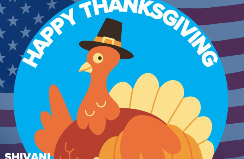 Image reads 'Happy Thanksgiving' with a turkey and the American flag.