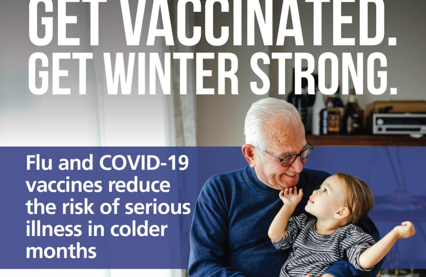 Image reads 'Get Vaccinated, Get Winter Strong, Flu and COVID-19 vaccines reduce the risk of serious illness in the colder months.