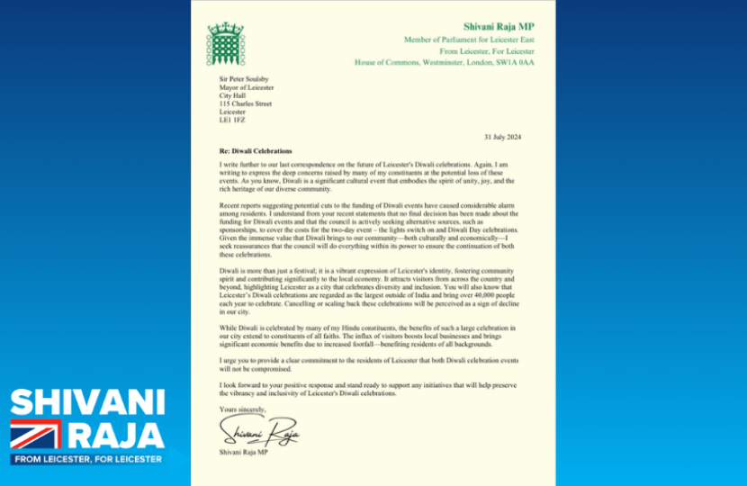 Shivani Raja MP's letter to Leicester City Mayor, Sir Peter Soulsby