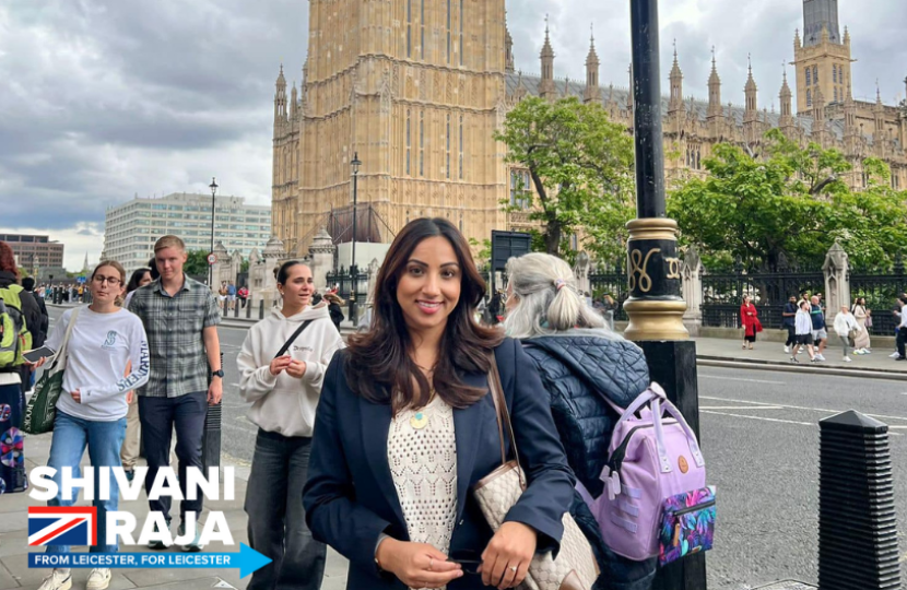 Shivani Raja MP outside the Houses of Parliament