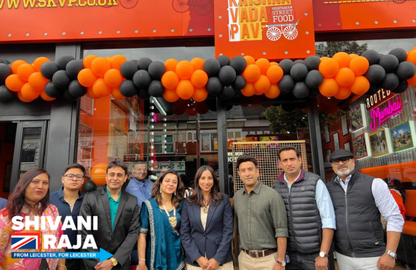 Shivani Raja MP outside the new Shree Krishna Vada Pav in Leicester.