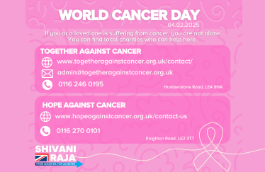 Image reads 'World Cancer Day' and gives contact details for the organisations Together Against Cancer and Hope Against Cancer.