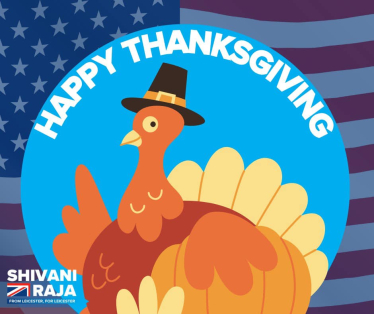 Image reads 'Happy Thanksgiving' with a turkey and the American flag.