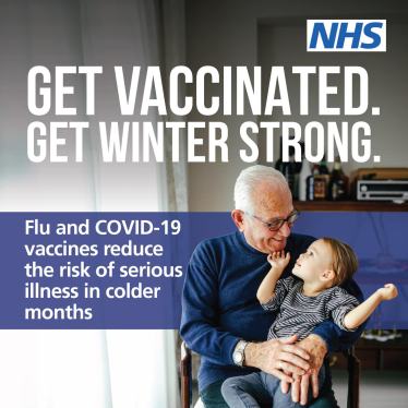 Image reads 'Get Vaccinated, Get Winter Strong, Flu and COVID-19 vaccines reduce the risk of serious illness in the colder months.