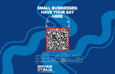 Image shows QR code leading to Shivani Raja MP's small business survey.