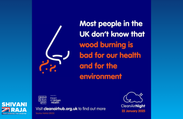 Image reads 'most people in the UK don't know that wood burning is bad for our health and for the environment'