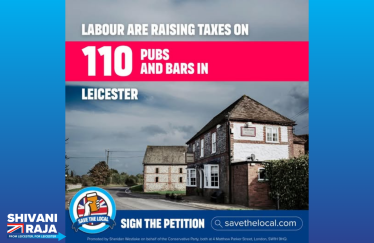 Image reads 'Labour raises taxes on 110 pubs and bars in Leicester.