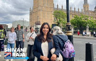 Shivani Raja MP outside the Houses of Parliament