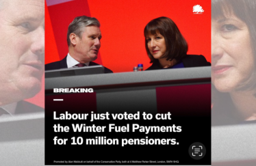  The image shows Labour Party Leader Sir Keir Starmer and Shadow Chancellor Rachel Reeves seated together at what appears to be a political event or conference. The background is a bright red, indicating Labour Party branding. Both figures are engaged in conversation. A bold text overlay at the bottom of the image reads: "Labour just voted to cut the Winter Fuel Payments for 10 million pensioners."